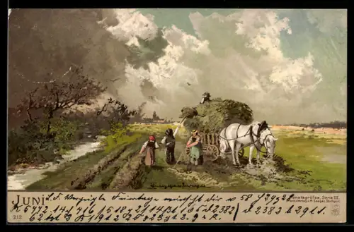 Künstler-Lithographie Theodor Guggenberger: Allegorie Monat Juni, Bauern beladen ein Pferdegespann