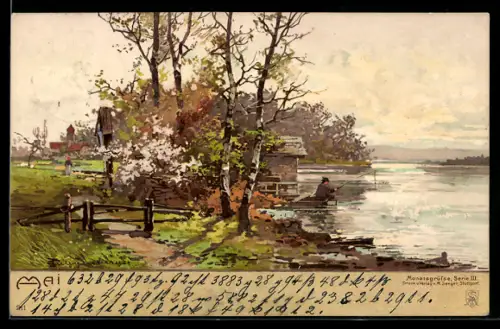 Künstler-Lithographie Theodor Guggenberger: Monatsgrüsse, Mai, Ortspartie, Allegorie, Kalender