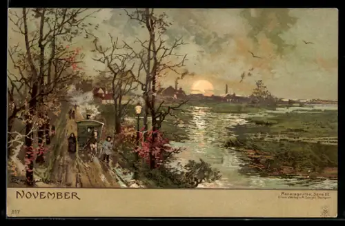 Künstler-Lithographie Theodor Guggenberger: Allegorie Monat November, Sonnenuntergang über einem Dorf