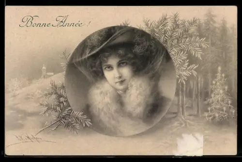 Künstler-AK Wichera: Porträt einer schönen Frau mit Hut, Weihnachtsbaum steht am Waldrand, Weihnachten