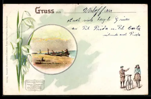 AK Einbeck, Strandpartie mit Schiffswrack und ein Paar auf Fahrrädern, Reklame für Fahrräder von August Stukenbrok