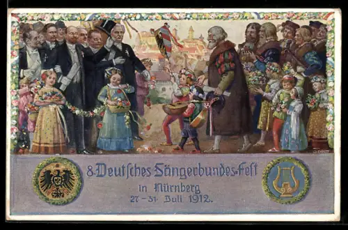 AK Nürnberg, VIII. Deutsches Sängerbundfest 1912, geschmückte Kinder, Harfe, Wappen