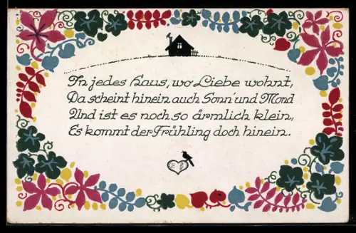 Künstler-AK Dora Heckel: Einsames Haus auf einer Wiese mit einem Frühlingsreim und Blumen im Passepartout