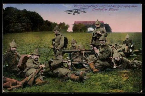 AK Maschinengewehrschützen während der Gefechtspause, Landendes Flugzeug