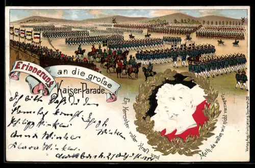 Lithographie Erinnerung an die grosse Kaiserparade, Infanterie passiert die Tribüne, Eichenkranz in Gold
