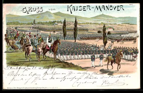 Lithographie Kaisermanöver, Kaiser Wilhelm II. beobachtet den Vorbeimarsch seiner Truppen