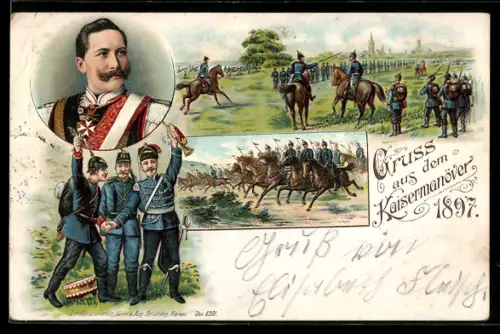 AK Kaiser Wilhelm II. im Porträt, Soldaten auf dem Weg in die Schlacht