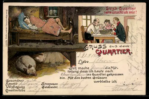 Künstler-Lithographie Bruno Bürger & Ottillie Nr. 1772: Gruss aus dem Quartier, Soldatenhumor
