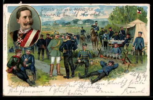 Lithographie Gruss aus dem Manoever, Soldaten im Lager, Porträt Kaiser Wilhelm