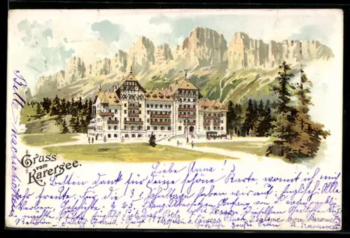 Lithographie Karersee, Ortspartie mit Hotel