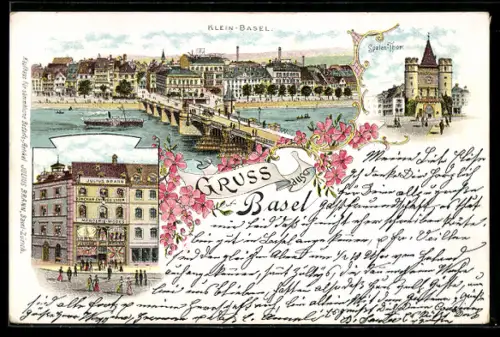 Lithographie Basel, Mercie-Modes von Julius Brann, Spalen-Thor & Klein-Basel, Dampfer