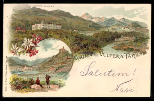 Lithographie Tarasp, Vulperra, Waldhaus und Trinkhalle