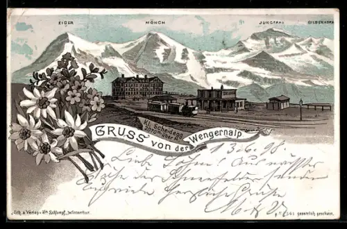 Lithographie Kl. Scheidegg, Bergbahn an der Wengeralp mit Gebirgspanorama