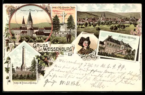 Lithographie Weissenburg i. Els., Peter und Paul Kirche, Schloss Geisberg, Ortsansicht