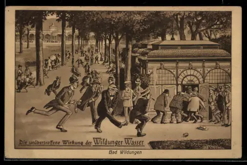 AK Bad Wildungen, die unübertroffene Wirkung des Wildunger Wasser, Herren stürmen zur Toilette