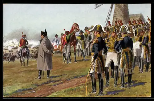 Künstler-AK O. Merte: Napoleon auf dem Thronberge nahe der Quandt`schen Tabaksmühle 1813