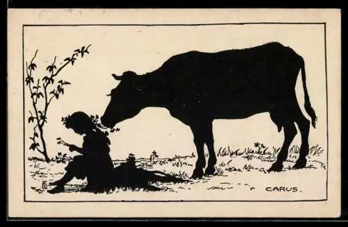 Künstler-AK Carus: Schattenbild, Mädchen mit Kuh auf der Weide