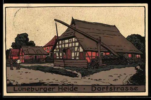 Steindruck-AK Dorfstrasse mit Fachwerkhaus in Niedersachsen