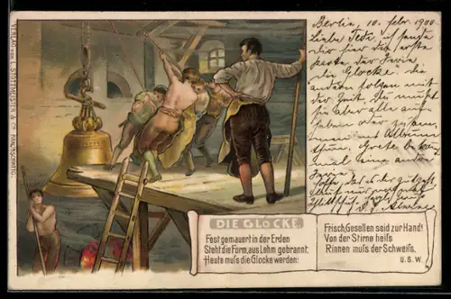 AK Die Glocke von Friedrich Schiller, Gesellen läuten die Glocke, Fest gemauert in der Erden...