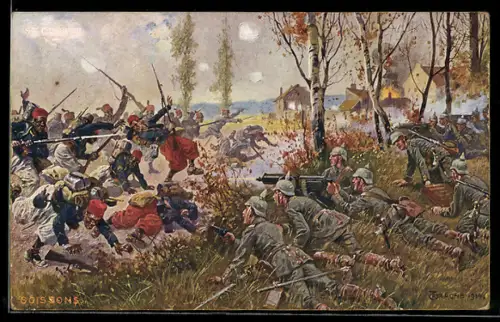 Künstler-AK Schlacht bei Soisson, Sturmangriff der Zuaven auf eine deutsche MG-Abteilung