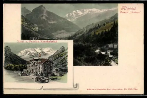 Lithographie Kienthal / Berner Oberland, Hotel u. Pension Kienthalerhof, Mehrfachansicht