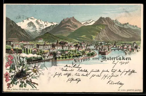 Lithographie Interlaken, Panorama mit Gebirge, Eisenbahn, Edelweiss
