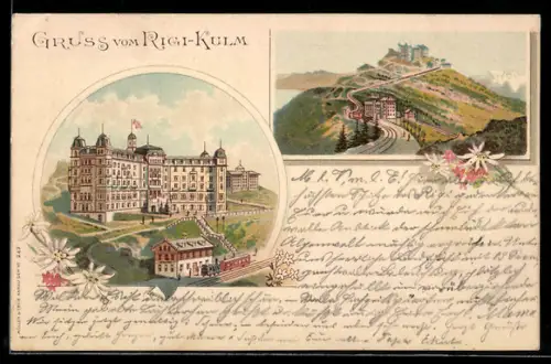 Lithographie Rigi-Kulm, Panorama & Hotel