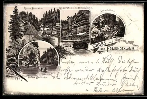 Lithographie Herrnskretschen / Hrensko, Restaurant in der Edmundsklamm, Vordere und hintere Bootsstation