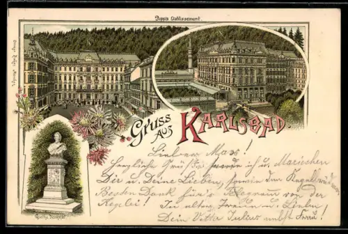 Lithographie Karlsbad, Pupp's Etablissement und Goethe-Denkmal