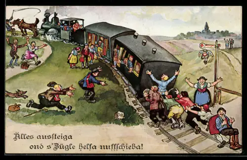 Künstler-AK Hans Boettcher: Passagiere müssen einem Zug schieben
