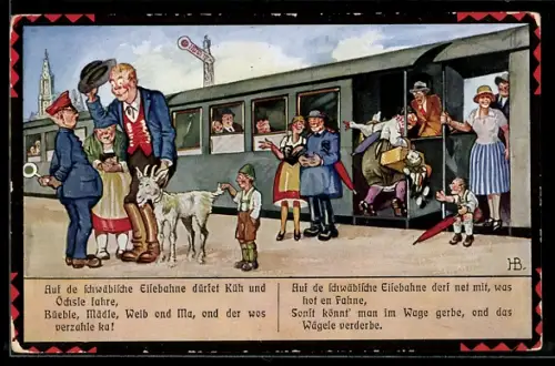 Künstler-AK Hans Boettcher: Auf de schwäbische Eisebahne!, Scherz, Ziege