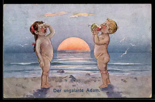 AK Der ungalante Adam und Eva am Strand