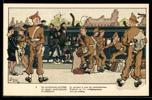 Künstler-AK Belgische Soldaten an einem vollbestzten Zug im besetzten Deutschland