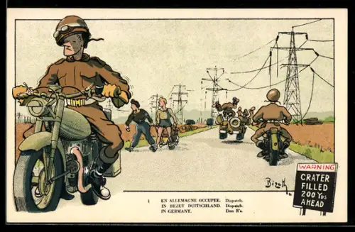 Künstler-AK sign. Bizeth: en allemagne Occupee, Soldaten auf Motorrädern