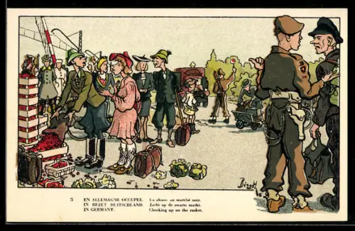 Künstler-AK Belgische Soldaten auf einem Schwarzmarkt im besetzten Deutschland