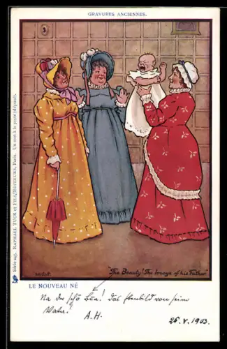 Künstler-AK Raphael Tuck & Sons Serie 245: Tratschtanten betrachten schreiendes Baby