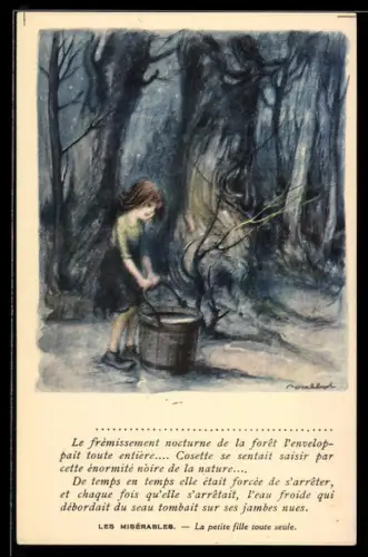 Künstler-AK Francisque Poulbot: Französisches Mädchen mit Wassereimer im Wald