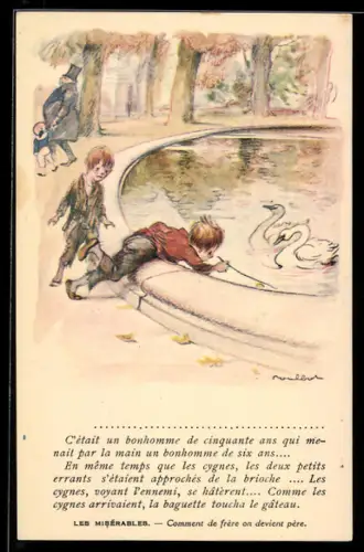 Künstler-AK Francisque Poulbot: Junge fischt mit einem Stock in einem Brunnen herum