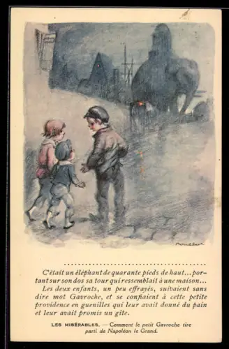 Künstler-AK Francisque Poulbot: Französische Kinder erblicken einen Elefanten im Abenddämmer