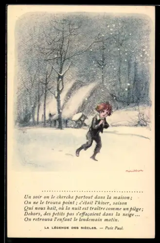 Künstler-AK Francisque Poulbot: Kind auf nächtlich verschneiter Strasse