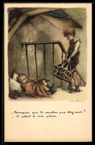 Künstler-AK Francisque Poulbot: Junge holt Flaschen, Kind liegt auf dem Fussboden