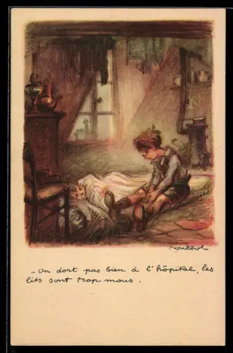 Künstler-AK Francisque Poulbot: On dort pas bien an l`hopital..., krankes Kind