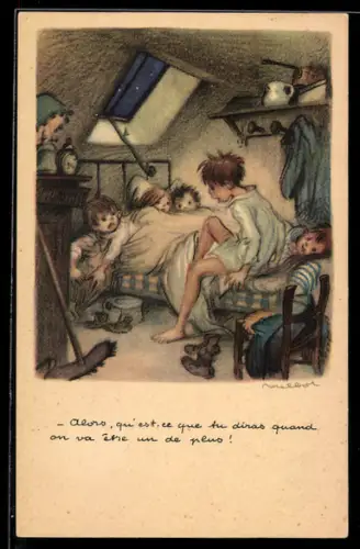 Künstler-AK Francisque Poulbot: Französische Geschwister teilen sich zu fünft ein Bett