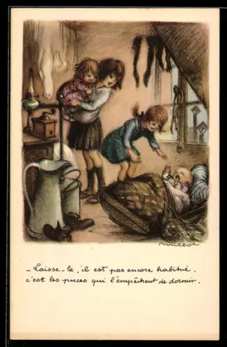 Künstler-AK Francisque Poulbot: Französische Mädchen mit ihren jungen Geschwisterchen