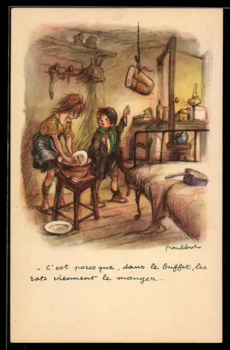 Künstler-AK Francisque Poulbot: Ligue Nationale contre le Taudi, C`est parcxe que, dans le buffet..., Kinder