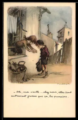 Künstler-AK Francisque Poulbot: Ligue Nationale contre le Taudi, Ah, ma vieille..., Kinder