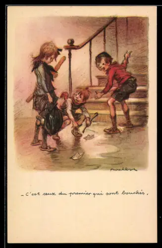Künstler-AK Francisque Poulbot: Kinder spielen im Treppenhaus