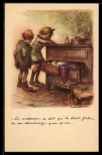 Künstler-AK Francisque Poulbot: Französische Geschwister betrachten ihr in einer Schublade schlafendes Brüderchen