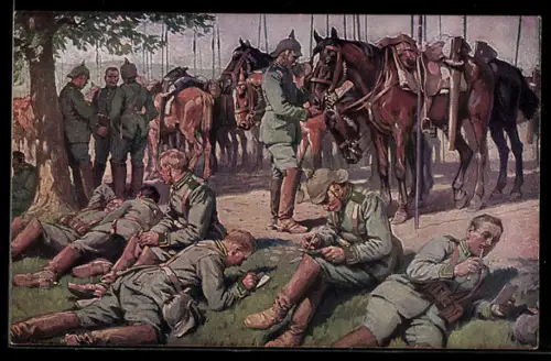 AK Deutsche Kavallerie, Kavalleristen schreiben während einer Rast Feldpostbriefe an ihre Liebsten