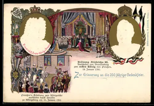 Lithographie Königsberg, Krönung Friedrich des III. 1701, Portrait Friedrich I. Kaiser Wilhelm II.